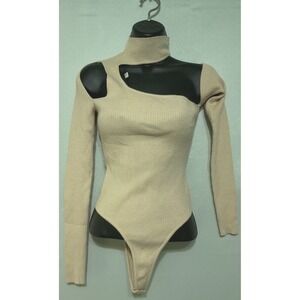 By Egreis Beige Ribbed Knit Long Sleeve Thong Bodysuit S Minimalist Stretchy
